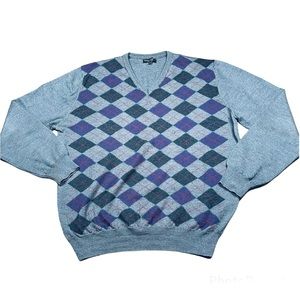Mario Gilberti Mens Merino Wool Argyle V Neck Knit Pullover Sweater Large